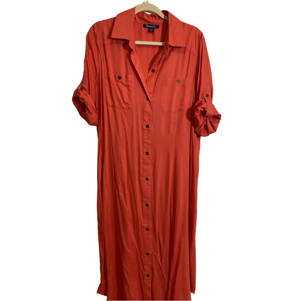 Roaman’s coral button-up shirt dress with roll tab sleeves plus size 14